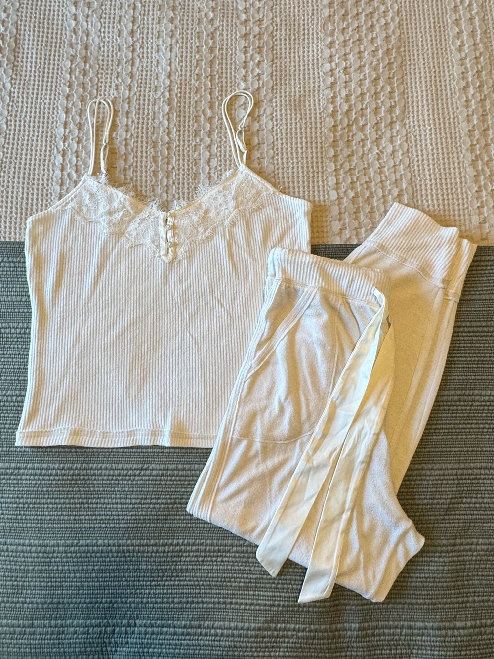 Abercrombie & Fitch Cream Ribbed Lace-Trim Sleep Cami Set